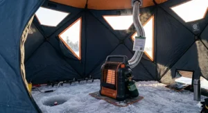 Correct ventilation setup for a safe heater inside an ice fishing tent.
