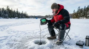 View of fish swimming near bait on ice fishing camera monitor.