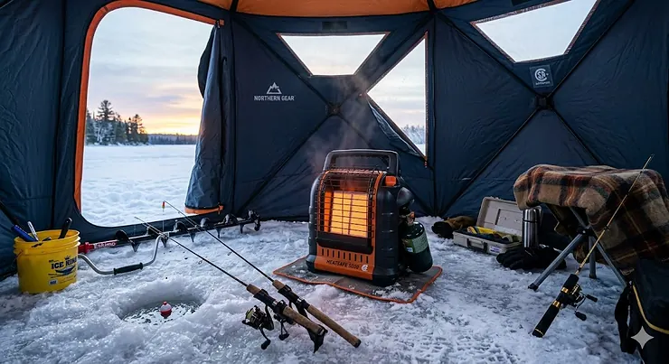 Portable safe heater for ice fishing tent in a warm, insulated shelter.