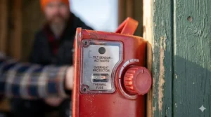 Close-up of safety sensors on electric heater for ice shack. / Capteurs de sécurité sur chaufferette pour cabane sur glace.