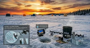 A photorealistic 4K setup showing a portable fish finder placed on the ice next to an auger-drilled hole at sunset.