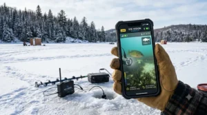 Smartphone screen displaying real-time underwater footage from the camera.