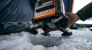 Wide, stable base for safe heater used in ice fishing tents.