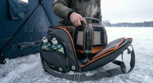 Durable storage bag for safe heater designed for ice fishing tents.