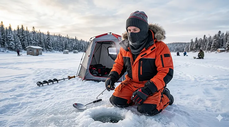 Person wearing the warmest balaclava for ice fishing on a frozen Canadian lake. / Personne portant la cagoule la plus chaude pour la pêche sur glace sur un lac canadien gelé.