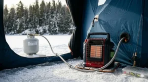 Ice shelter heater setup with propane hose extension