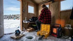 Overview of essential ice fishing gear including a propane heater on a frozen lake surface.