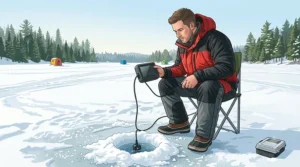 Complete ice fishing gear set including a modern underwater camera.