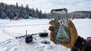 Technical illustration showing the depth range of the wireless ice fishing camera.
