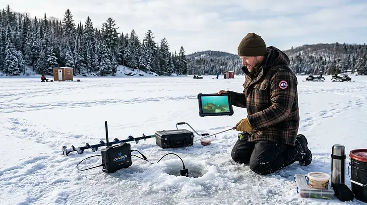 Angler using a wireless ice fishing camera on a frozen Canadian lake.