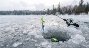 Glow-in-the-dark ice jig for low-visibility winter water conditions.