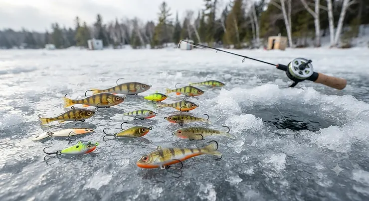 Selection of top-performing perch ice jigs for Canadian winter fishing.