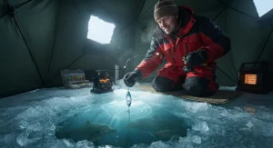 Cozy illustration of an ice angler inside a portable shelter using rattle spoons ice fishing on a frozen Canadian shield lake.