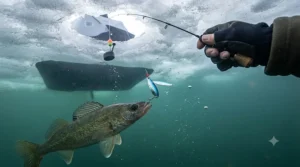 Ice angler vertical jigging flutter spoons for ice fishing inside a portable shelter on Lake Winnipeg.