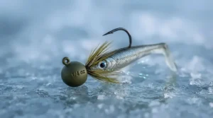 Balanced ball-head walleye jig providing natural fall rate for ice angling.