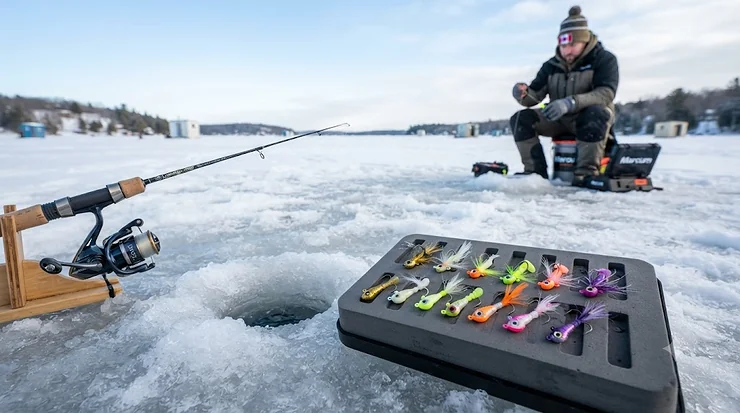 Selection of high-performance tungsten crappie ice fishing jigs laid out on ice next to an ice fishing rod.