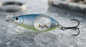 Close-up illustration of a jigging rattle spoon highlighting its internal brass chamber and multi-bead design for hardwater fishing.