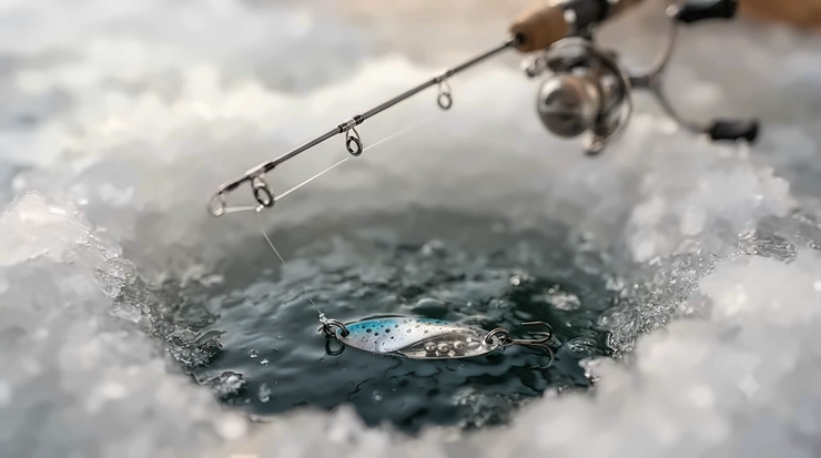 An angler holding a glowing rattle spoon and spool of monofilament ice fishing line inside a cozy ice fishing hut on a frozen Canadian lake.