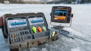 Chart helping anglers choose between tungsten vs lead jigs based on water depth.