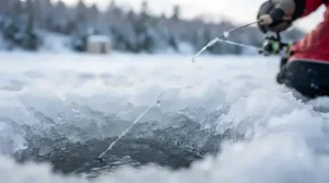 Detailed graphic showing cold weather mono line resisting abrasion against rough ice edges during a catch.