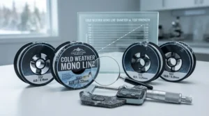 Infographic comparing pound-test strengths and diameters of high-performance cold weather mono line options.
