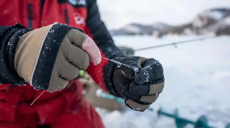 Close-up illustration of a secure fishing knot tied with a flexible cold weather mono line for ice angling.