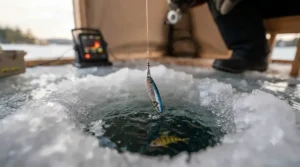 An ice fisherman pulling a sled with gear across safe, early-season black ice on a remote Ontario lake.