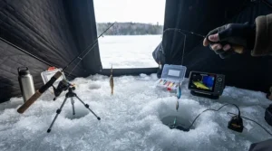 Two-rod setup featuring flutter spoons for ice fishing paired with a deadstick for cautious winter predators.