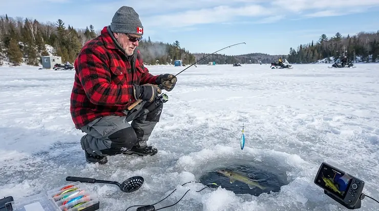 Angler holding a trophy greenback walleye caught on flutter spoons for ice fishing on a frozen Canadian lake.