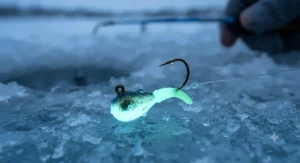 Glow-in-the-dark panfish jig for low light ice fishing conditions.