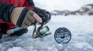 Step-by-step visual guide on spooling a spinning reel with a low-memory cold weather mono line for winter fishing trips.