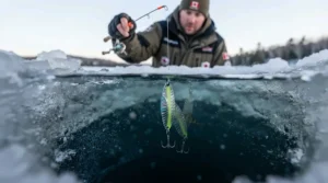 Step-by-step diagram showing vertical jigging techniques with spoons for ice fishing in Canadian winter conditions.