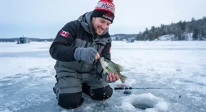 Angler holding a small panfish caught with an ice jig in Canada.