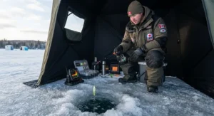 Vector drawing of an angler inside an ice shelter using jigging spoons for ice fishing over a frozen Canadian shield lake.