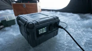 Graphic showing long-lasting battery performance for ice fishing cameras in cold weather.