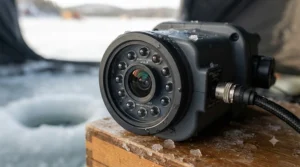 Technical diagram highlighting the infrared sensor on a night vision ice fishing camera.