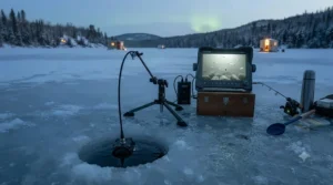 A typical ice fishing setup with a camera deployed through an ice auger hole.