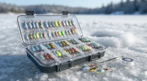 An open tackle box filled with colorful jigging spoons for ice fishing trips across Ontario and Quebec.