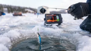 Using sonar to locate walleye while jigging raps for walleye ice fishing.
