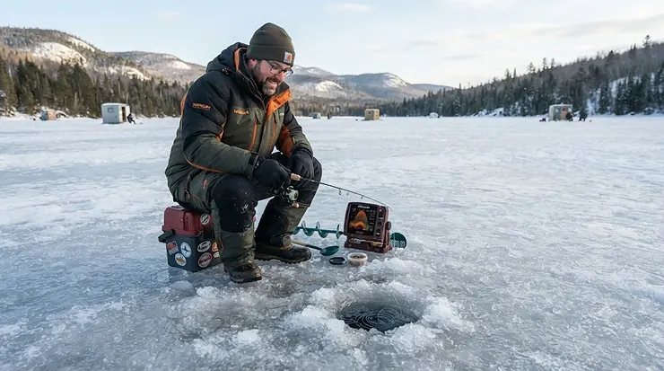 Angler ice fishing comparing tungsten vs lead jigs on a frozen Canadian lake.