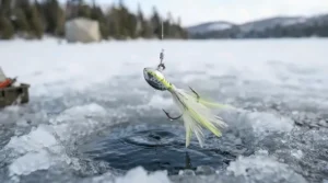 A close-up of a detailed pike jig head with a soft plastic lure featuring feathers, suspended over an ice fishing hole.