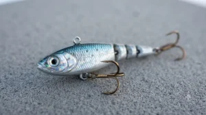 Horizontal swimming style crappie ice fishing jig designed for aggressive winter panfish.