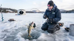 Proper rod jigging motion for walleye ice fishing in Canada.