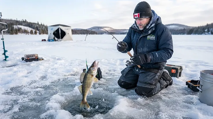 An angler catches a walleye on a frozen Canadian lake using jigging raps for walleye ice fishing.