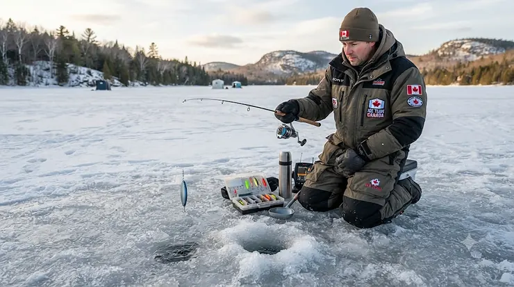 Selection of top jigging spoons for ice fishing on a frozen Canadian lake, optimized for catching walleye and trout.