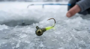 Tiny micro jig designed for targeting crappie during ice fishing season.