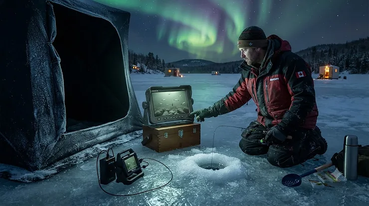 Underwater view of a lake bed using a high-definition night vision ice fishing camera.