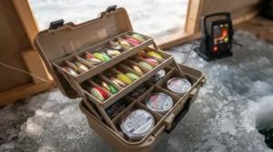 Inside view of a warm Canadian ice fishing shack outfitted with rattle reels spooling flexible monofilament line.