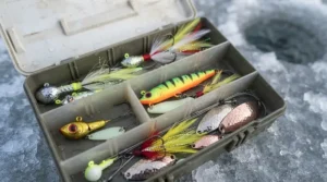 A plastic tackle box filled with various colorful pike jigs and spoons, resting on the ice.