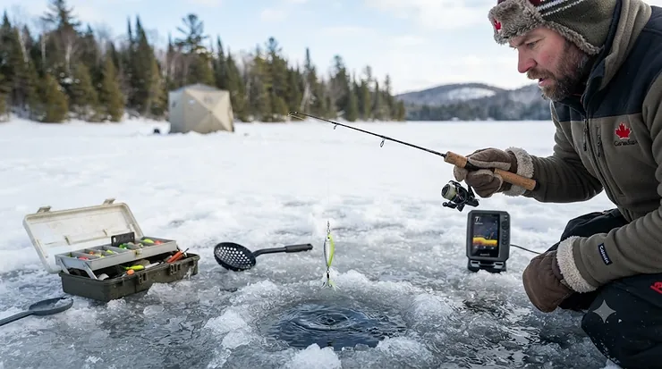 An angler prepares to ice fish for pike on a frozen lake with a tackle box and sonar nearby. pike jigs for ice fishing